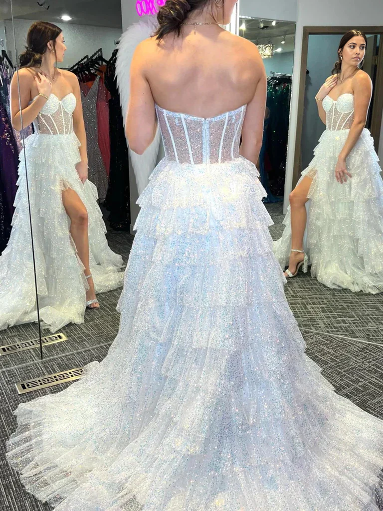 Vestidos de noche formales sin tirantes con lentejuelas y tul con volantes, vestidos de noche formales largos blancos, vestidos de fiesta, vestidos de novia con abertura alta